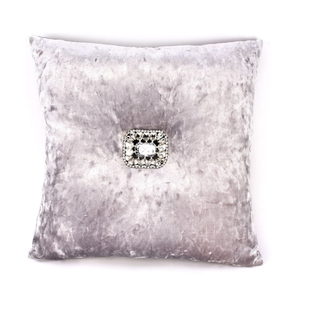 Square crushed velvet cushion in silver, 35cm, with a central rectangular diamante embellishment, shown on a plain white background.