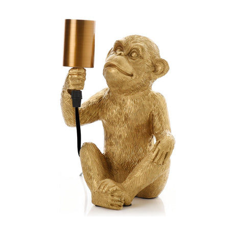 Gold Sitting Monkey Table Lamp, 24cm, with sculpted fur detail holding a slim cylindrical E27 bulb holder aloft, set against a plain white background.