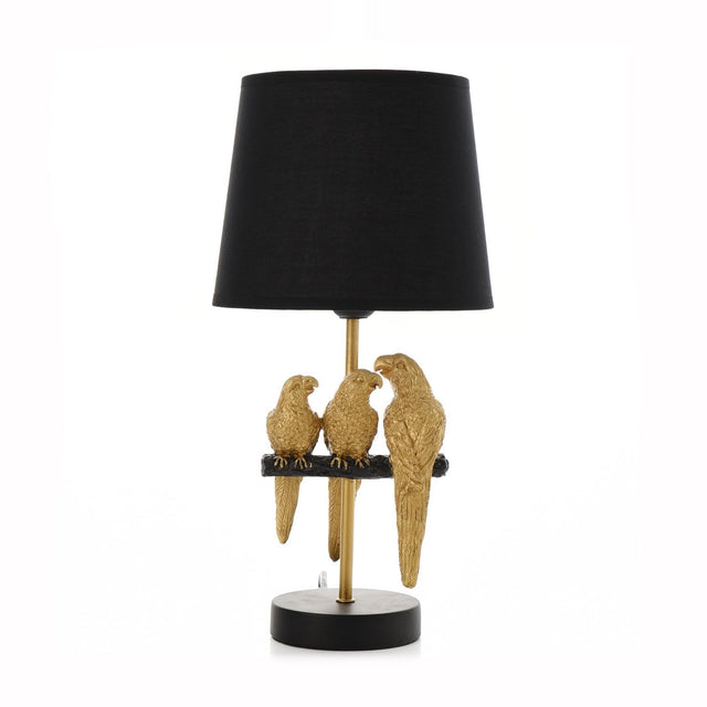 Perched Parrot Trio Table Lamp with tapered black shade 40cm, three gold metallic parrots on a black perch and round black base, slim gold stem, on a plain white background.