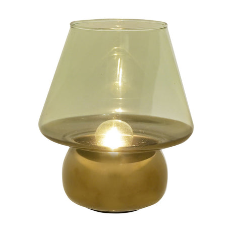 Mushroom-shaped battery operated LED table lamp, 22cm, with a tinted green glass shade over a rounded gold base, lit centre, on a plain white background.