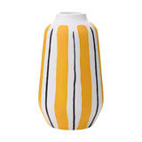 Handpainted oval ceramic vase with a narrow neck, featuring broad yellow brushstroke stripes and thin black lines on a white ground, shown on a plain background.