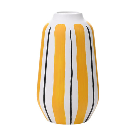Handpainted oval ceramic vase with a narrow neck, featuring broad yellow brushstroke stripes and thin black lines on a white ground, shown on a plain background.