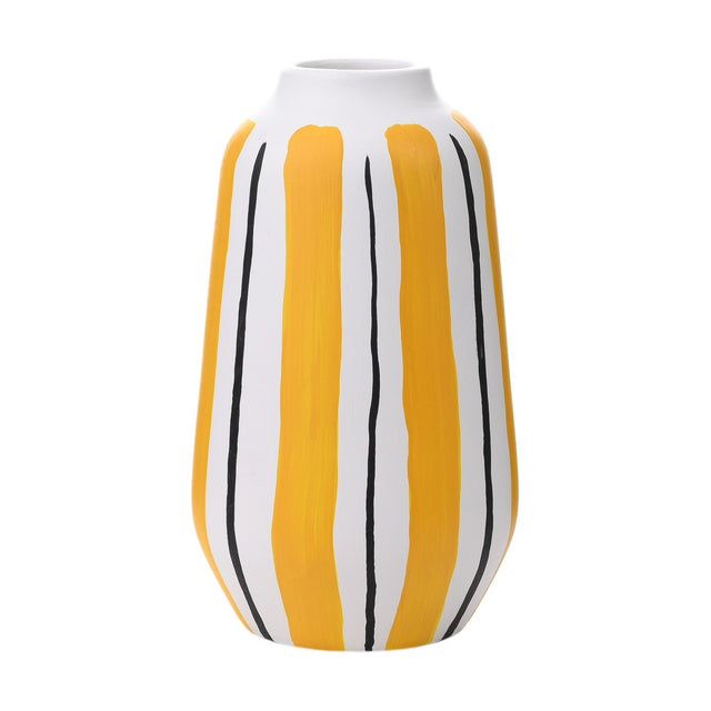 Handpainted oval ceramic vase with a narrow neck, featuring broad yellow brushstroke stripes and thin black lines on a white ground, shown on a plain background.