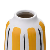 Close-up of a ceramic oval vase's neck and shoulder, handpainted with broad yellow stripes and thin black lines on white, shown against a plain background.