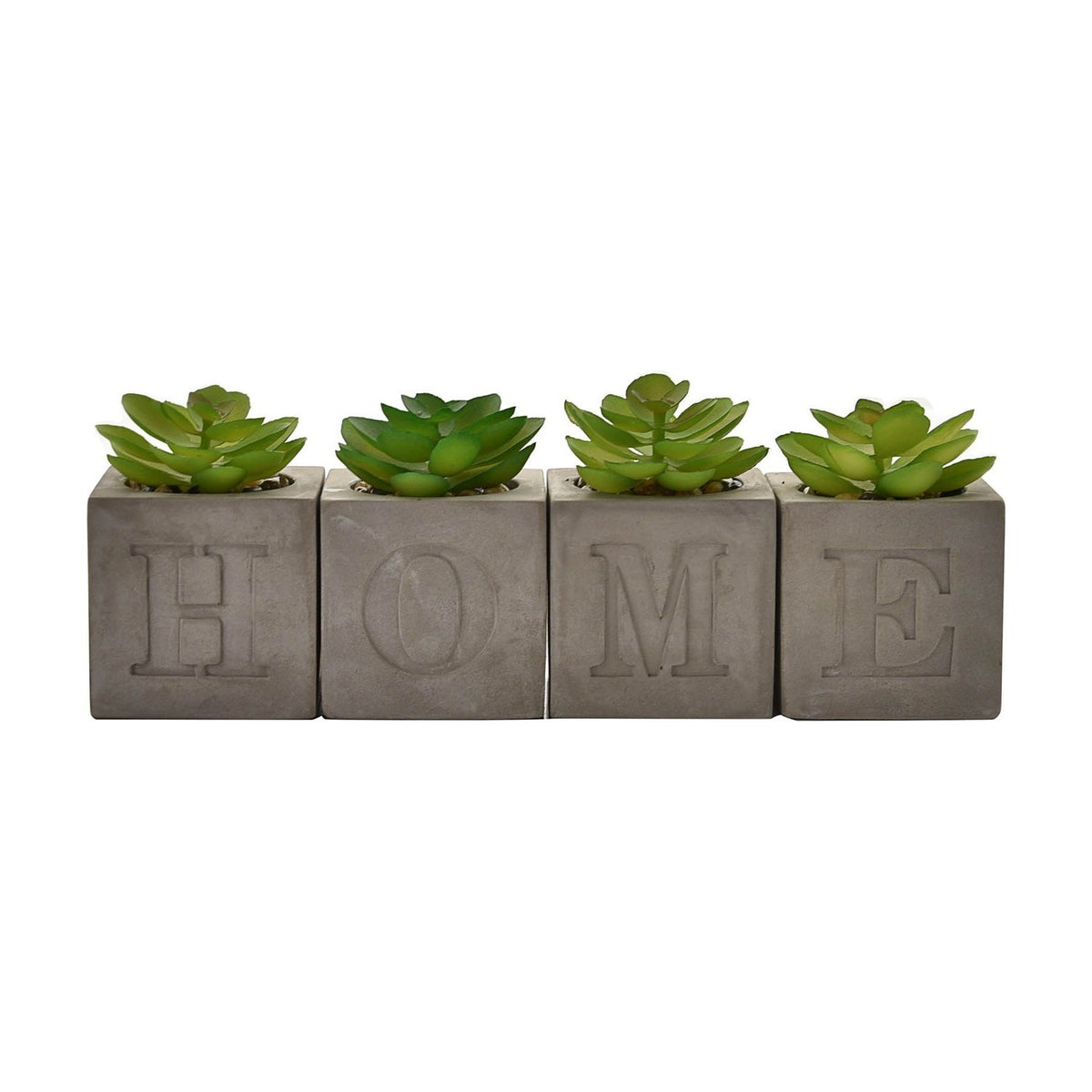 Set of 4 Home Cube Cement Pot Faux Plants, 6 x 6cm, grey cubes engraved "H O M E" each holding a green succulent rosette with pebbles, on a plain white background.