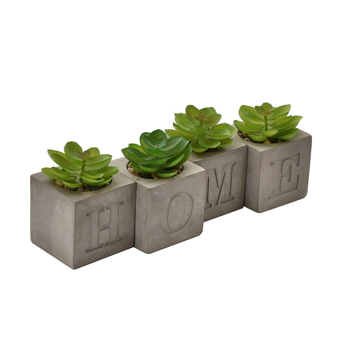 Set of 4 Home Cube Cement Pot Faux Plants, grey stone-finish cubes engraved H-O-M-E, each holding a green succulent with pebbles, on a plain white background.