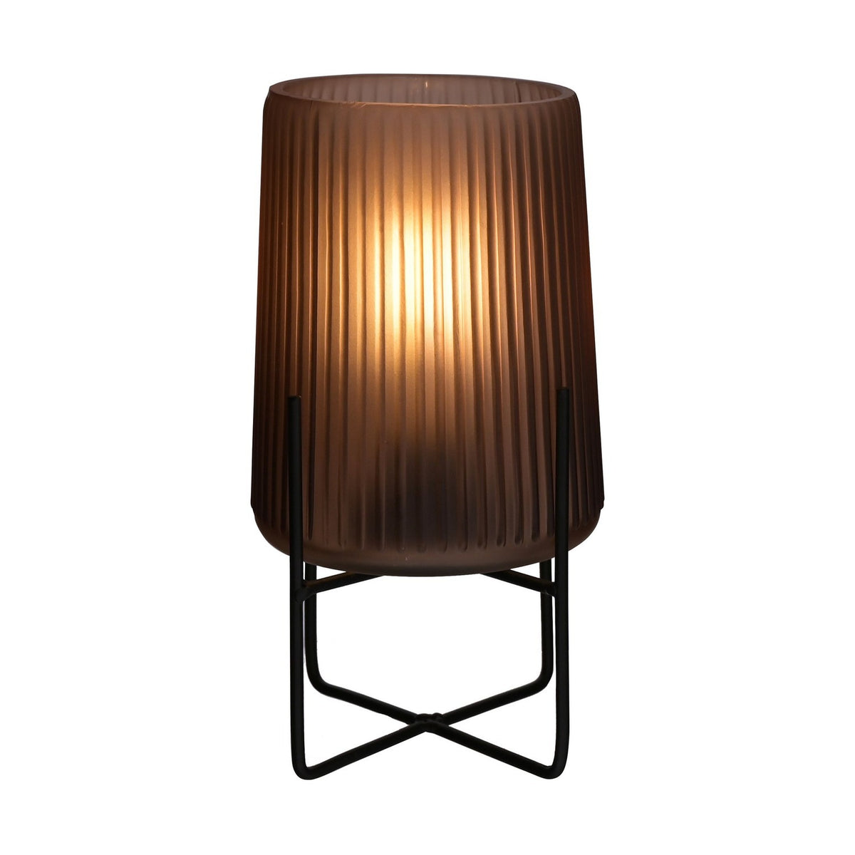 Frosted brown glass table lamp, 23cm, with ribbed vertical lines and a slim black cross-frame stand, battery operated, lit on a white background.