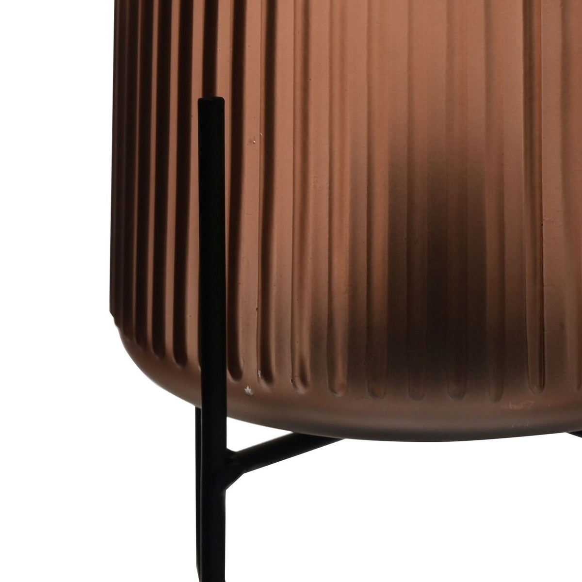 Close-up of the Frosted Battery Operated Glass Table Lamp, 23cm, showing ribbed brown smoky glass on a slender black stand.