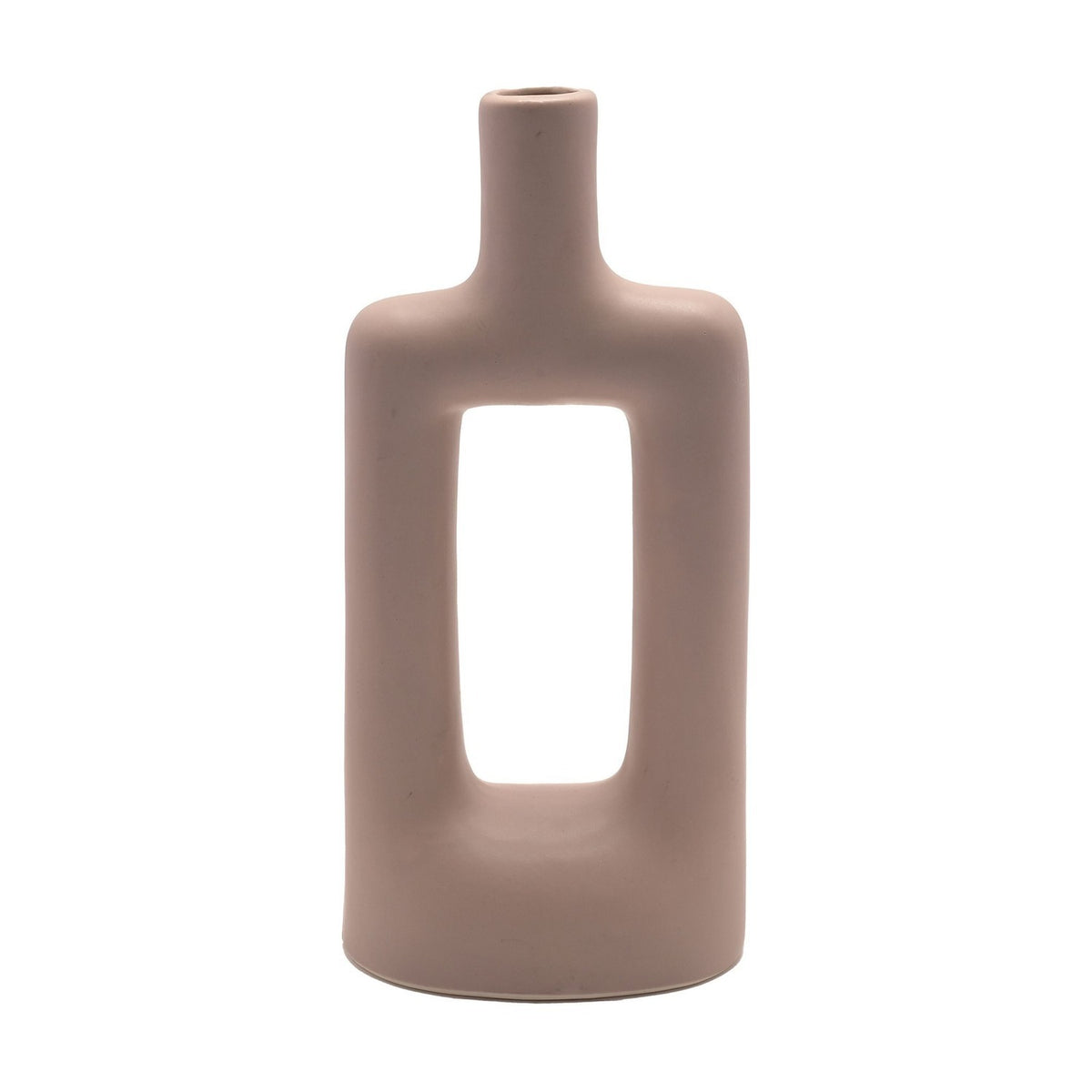 Rectangular Scandi-style ceramic vase in matt light brown, with a slim bottle neck and a tall rectangular cut-out through the flat-sided body, shown on a plain white background.