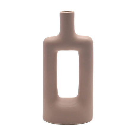 Rectangular Scandi-style ceramic vase in matt light brown, with a slim bottle neck and a tall rectangular cut-out through the flat-sided body, shown on a plain white background.