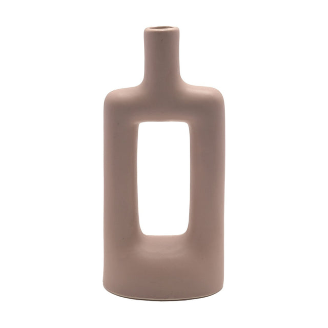 Rectangular Scandi-style ceramic vase in matt light brown, with a slim bottle neck and a tall rectangular cut-out through the flat-sided body, shown on a plain white background.