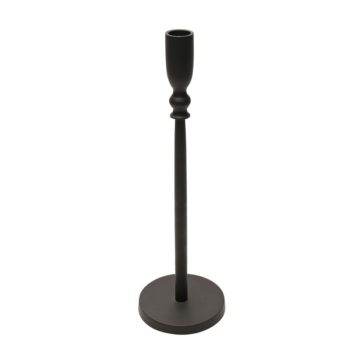 Slim matt black metal candlestick holder with a tall straight stem, turned collar, deep candle cup, and round flat base, shown on a plain white background.