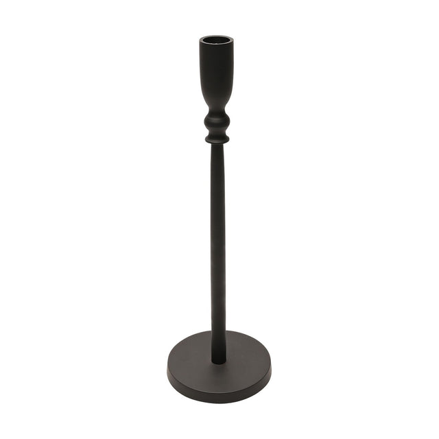 Slim matt black metal candlestick holder with a tall straight stem, turned collar, deep candle cup, and round flat base, shown on a plain white background.