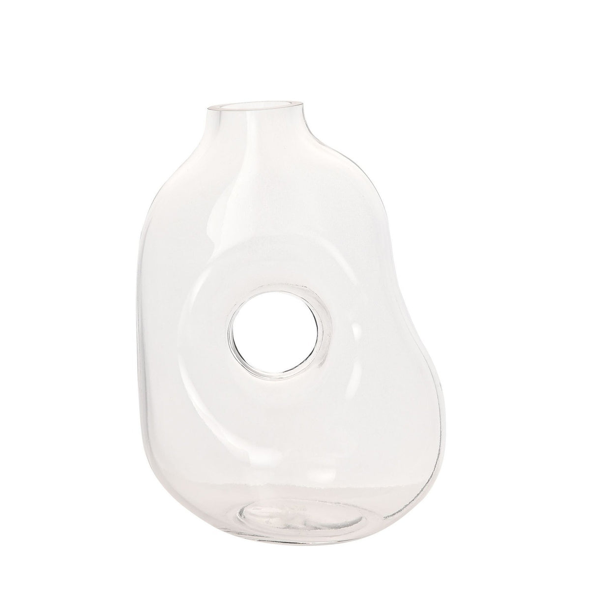 Abstract handmade clear glass vase with a short neck, softly rounded uneven body and a circular hole through its centre, shown on a plain white background.