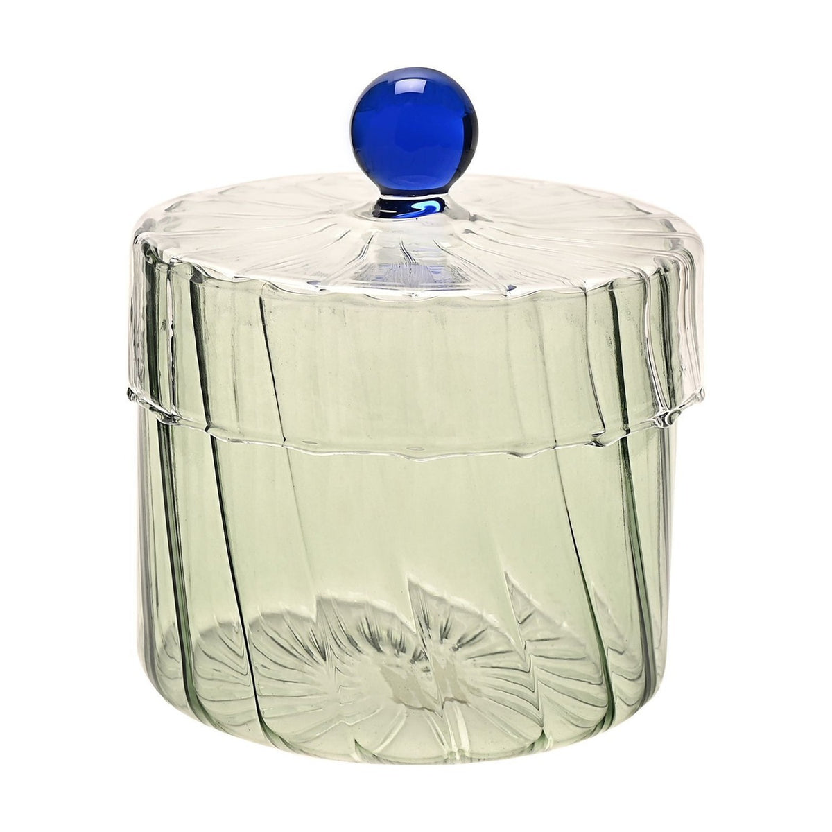 Round handmade glass trinket box with ribbed pale green base, clear ribbed lid, and a blue glass ball knob, shown on a plain white background.