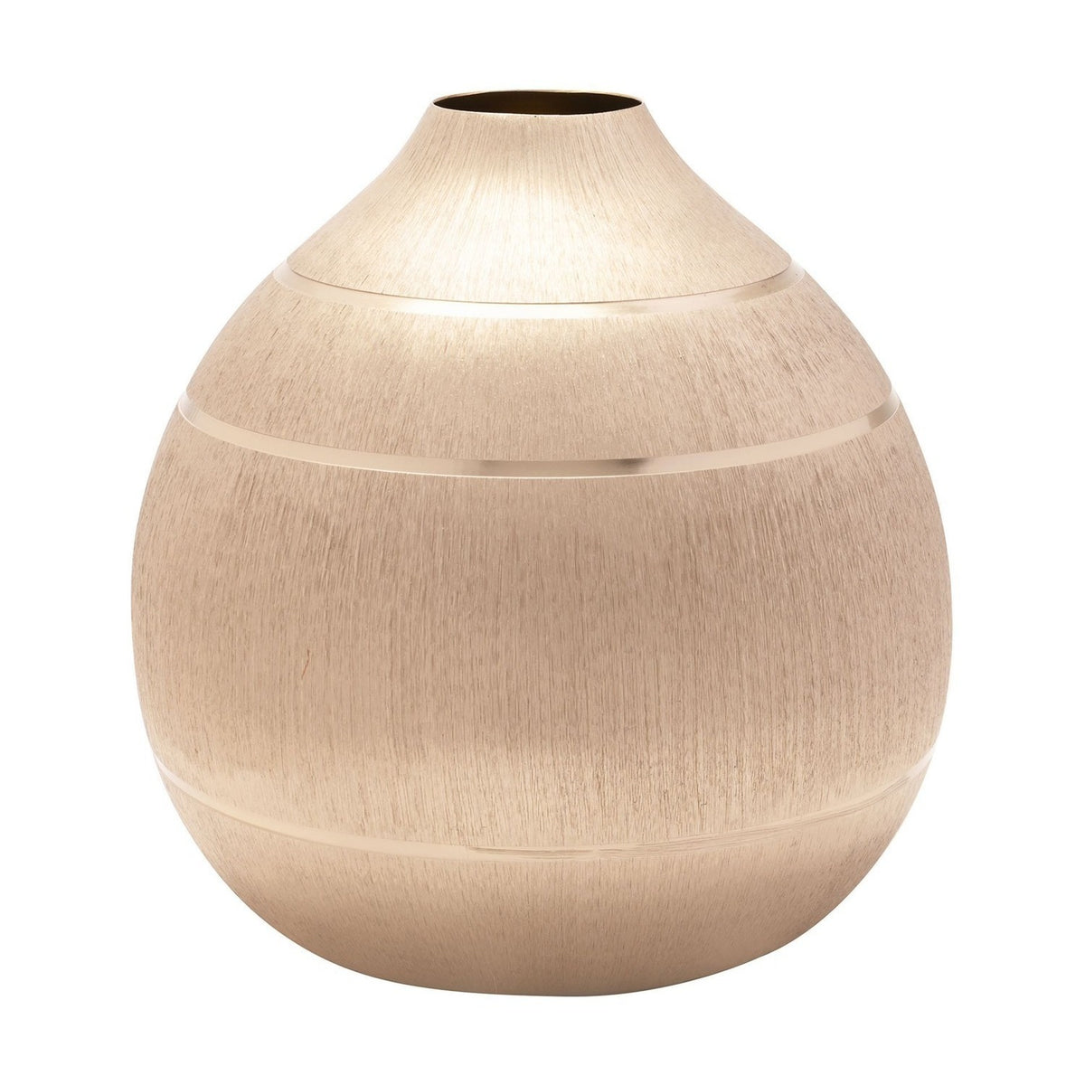 Large round vase with a narrow neck in brushed gold with a champagne tone, featuring polished bands at the shoulder and body, shown on a plain white background.