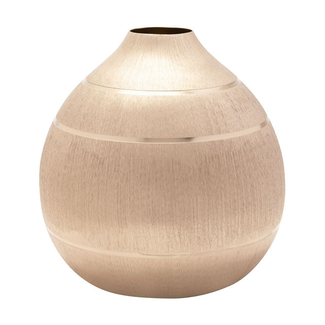 Large round vase with a narrow neck in brushed gold with a champagne tone, featuring polished bands at the shoulder and body, shown on a plain white background.