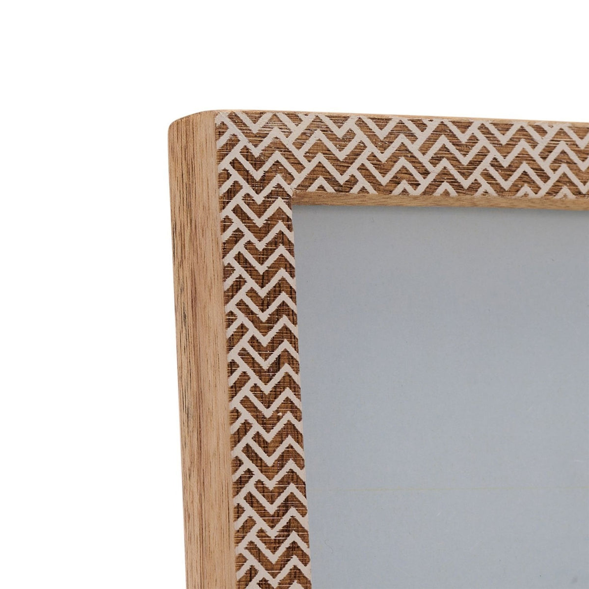 Close-up corner view of the Chevron Stamped Wood Photo Frame 6 x 4in, showing brown and white zigzag pattern with natural wood edges, on a white background.