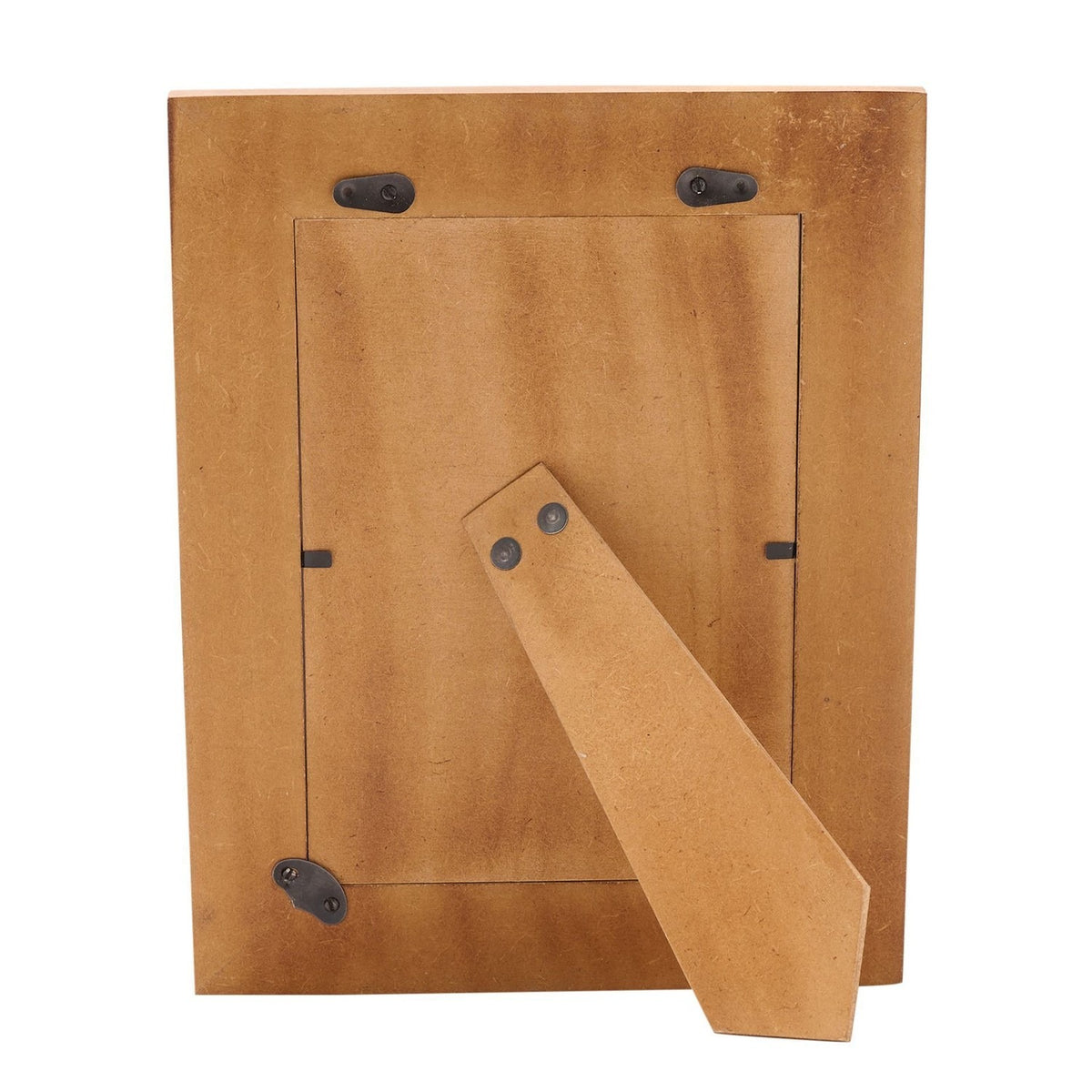 Back view of the Wide Border Bone Photo Frame showing brown wood-finish backing with a fold-out stand, metal hinges, and hanging tabs on a white background.