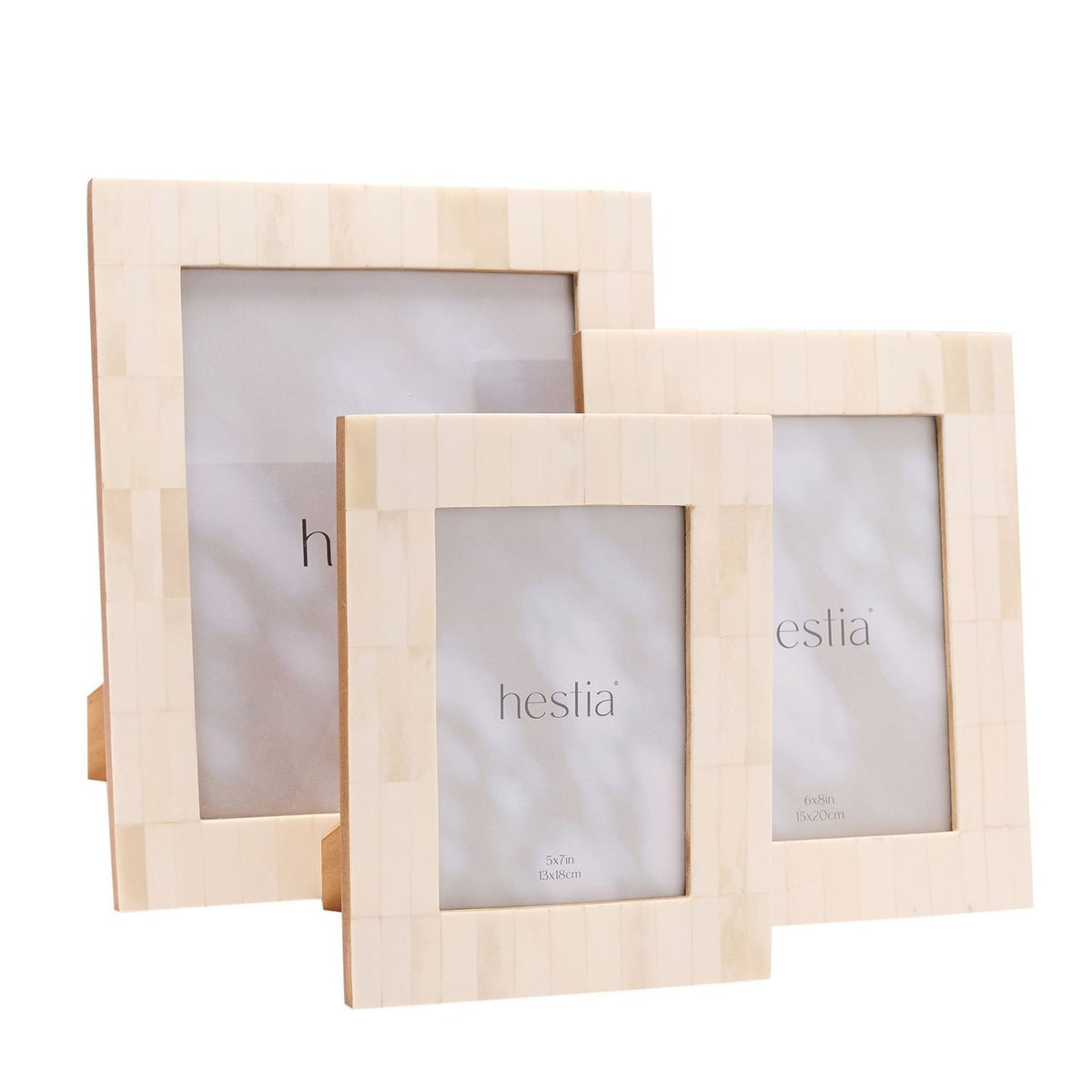 Three Wide Border Bone Photo Frames with stands, rectangular with tiled white borders and brown edges, shown in varying sizes against a plain white background.