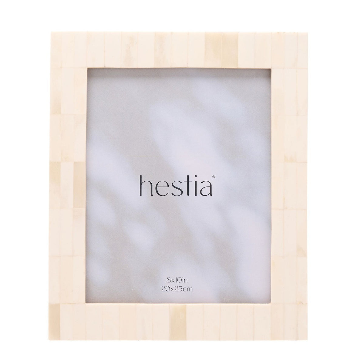 Wide border bone photo frame in white with brown edges, rectangular tiled design and glazed 8x10in opening, shown on a plain white background.