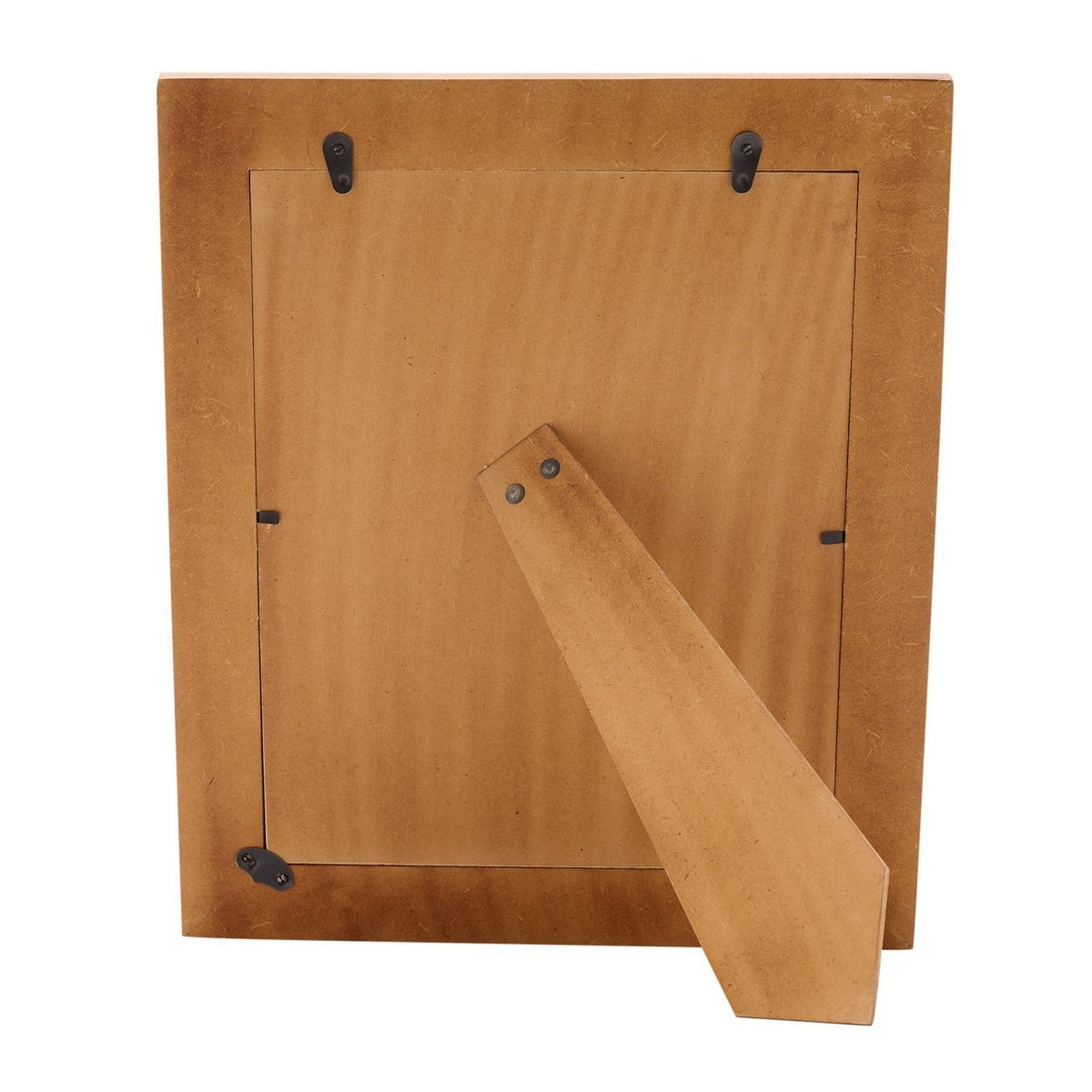 Rear view of the Wide Border Bone Photo Frame in white & brown, showing a brown wood-effect back panel with metal hanging hooks and a fold-out stand.