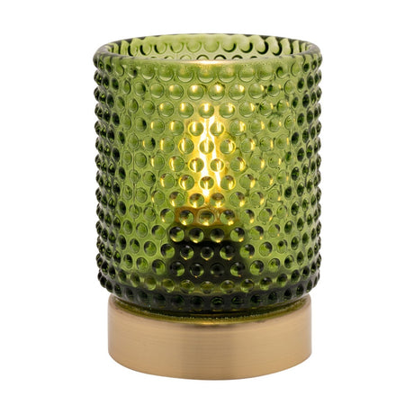 Green glass hobnail-textured table lamp with LED bulb light glowing inside, set on a gold-coloured base, shown on a plain white background.