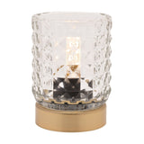 Glass Cup Table Lamp with LED Bulb Light in Clear & Gold, faceted diamond-studded glass shade on a round gold base, illuminated bulb visible inside, shown on a plain white background.
