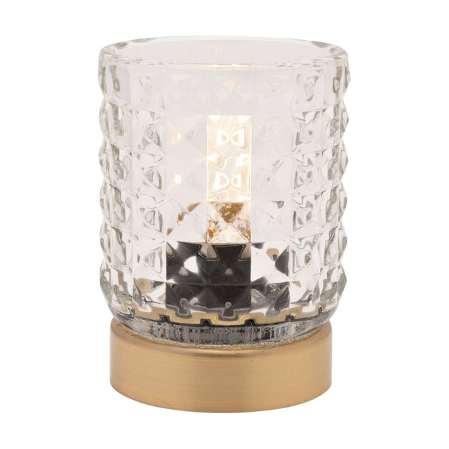 Glass Cup Table Lamp with LED Bulb Light in Clear & Gold, faceted diamond-studded glass shade on a round gold base, illuminated bulb visible inside, shown on a plain white background.