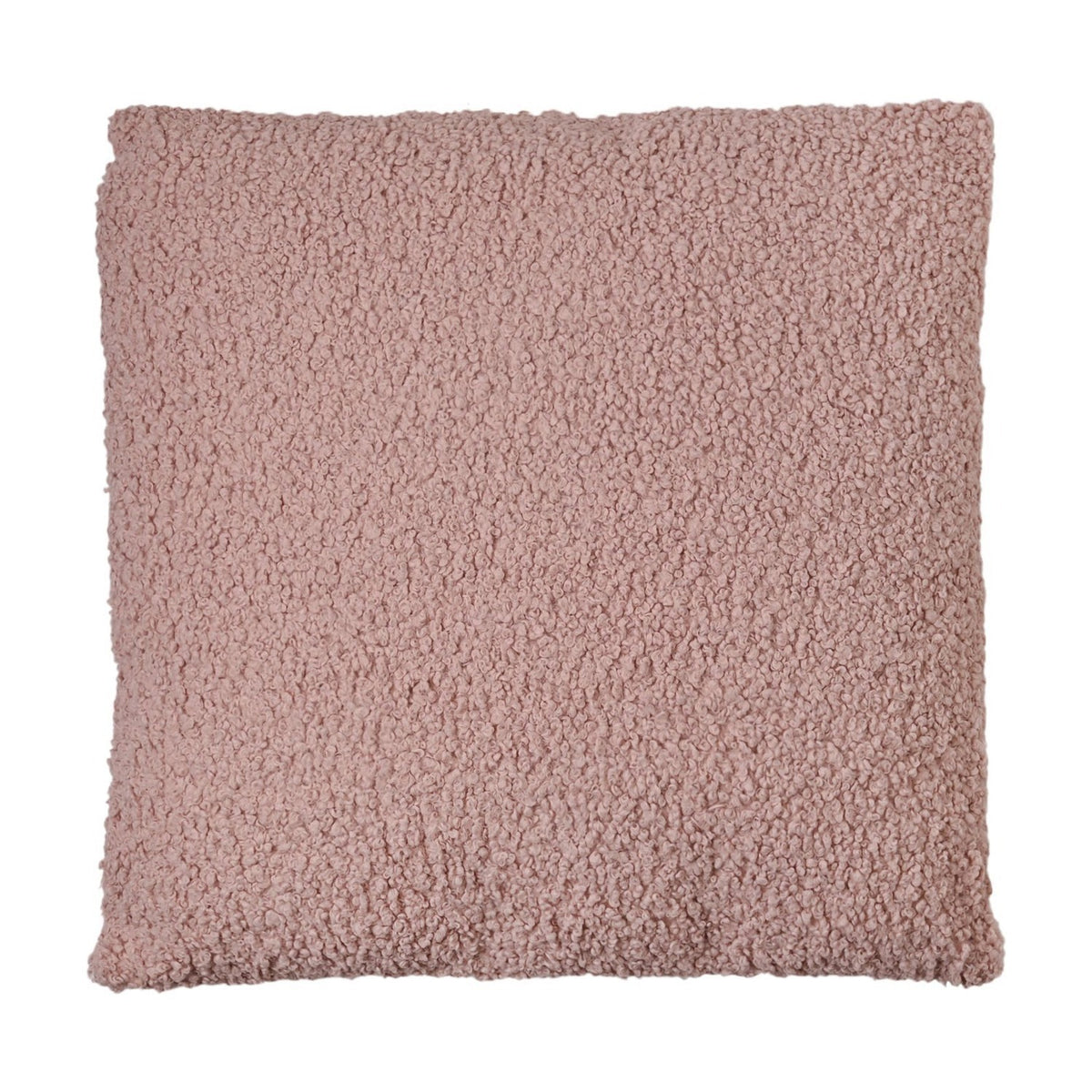 Square Tufted Teddy Cushion 50cm in pink with curly textured fabric and plain even colour, shown on a white background.