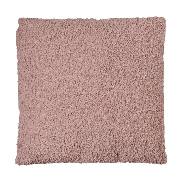 Square Tufted Teddy Cushion 50cm in pink with curly textured fabric and plain even colour, shown on a white background.