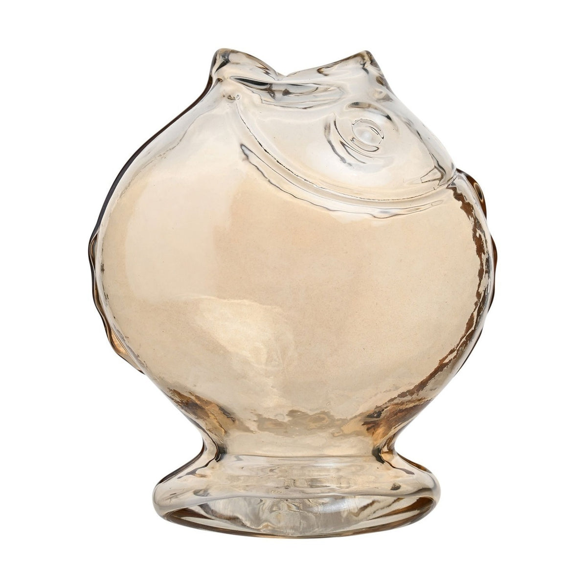 Round glass fish vase with footed base, clear glass with pale amber tint, moulded eye and fin details, open mouth forming the neck, on a plain white background.