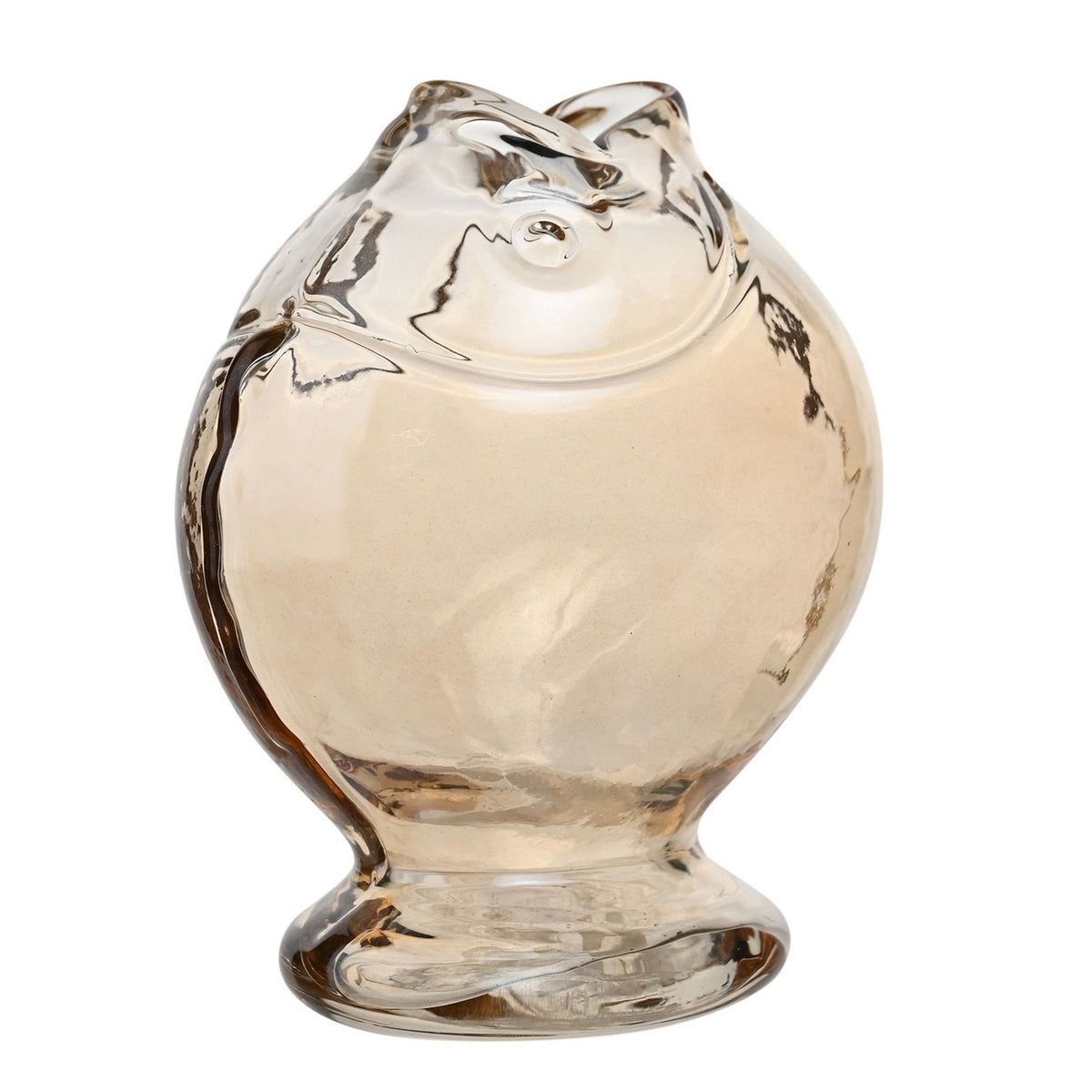 Round glass fish vase with footed base, clear glass with a pale amber tint, moulded fish-shaped body and open mouth neck, shown on a plain white background.