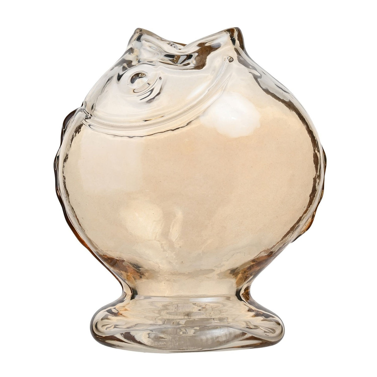 Round glass fish vase with footed base in clear glass with a pale amber tint, moulded eye and fin details, open mouth forming the neck, on a plain white background.