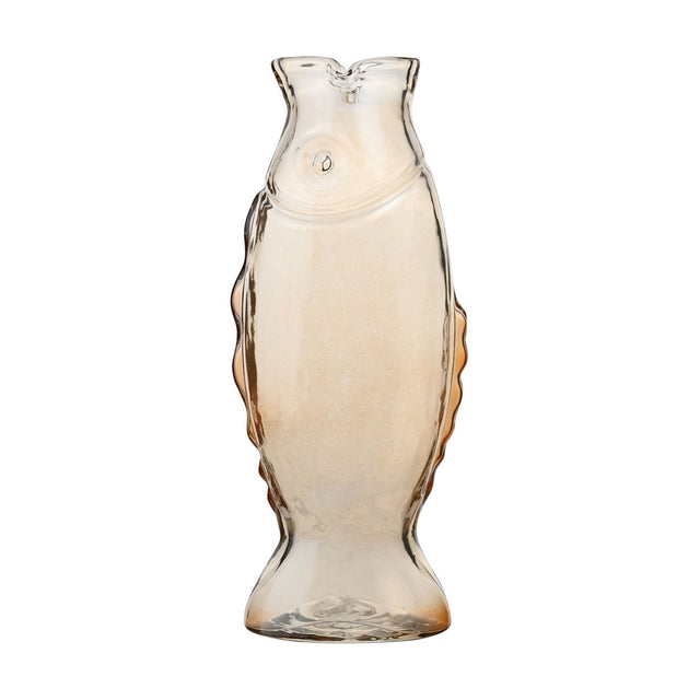 Tall clear glass fish vase standing on its tail, with a round eye, curved gill line, wavy side fins and a notched mouth-shaped rim, shown against a plain white background.