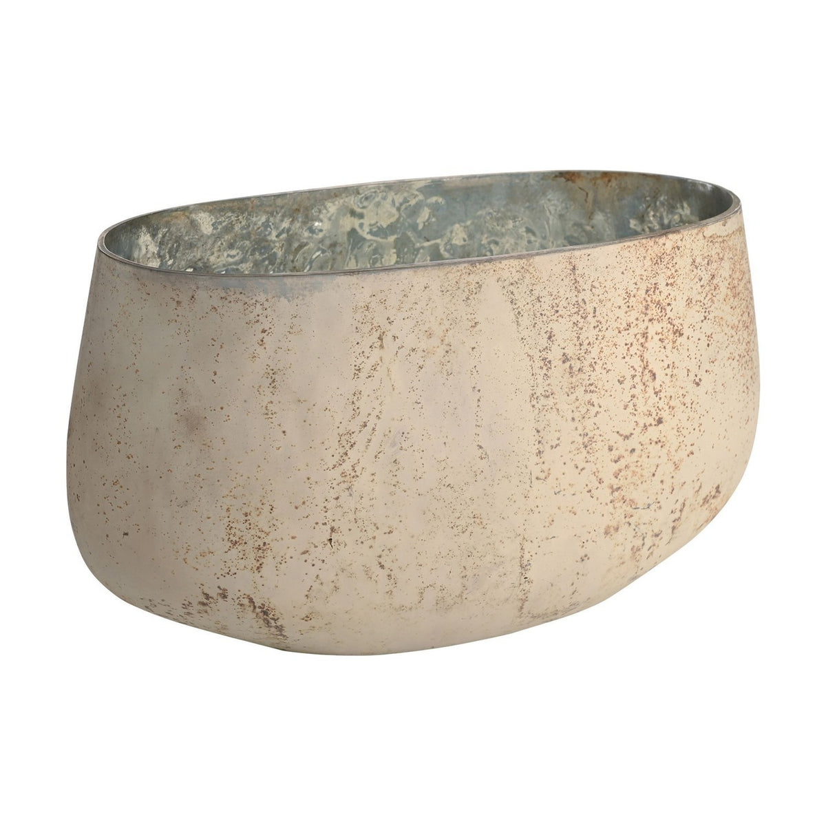 Small oval glass ornamental vase with a speckled cream etched exterior and mottled silver interior, low rounded shape, shown on a plain white background.