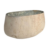 Small oval glass ornamental vase with a speckled cream etched exterior and mottled silver interior, low rounded shape, shown on a plain white background.