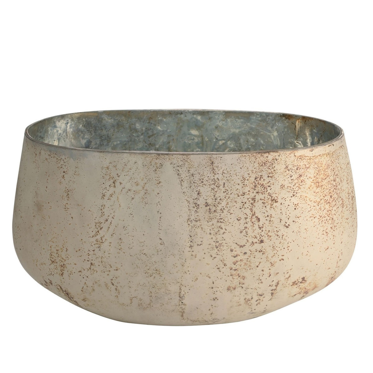 Small oval glass vase with a speckled cream, rust-flecked etched exterior and mottled silver-toned interior, shown on a plain white background.