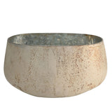 Small oval glass vase with a speckled cream, rust-flecked etched exterior and mottled silver-toned interior, shown on a plain white background.