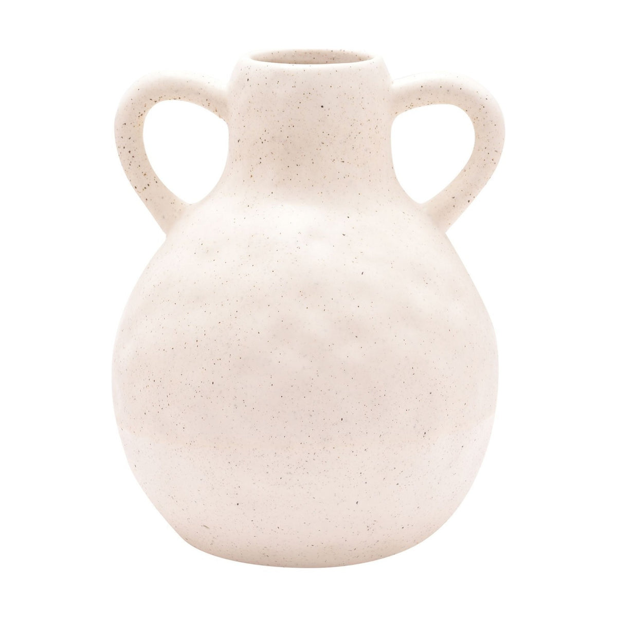 Round ceramic vase with a dimpled, bulbous body, narrow neck, and two curved handles, finished in speckled cream on a plain white background.