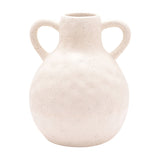 Round ceramic vase with a dimpled, bulbous body, narrow neck, and two curved handles, finished in speckled cream on a plain white background.
