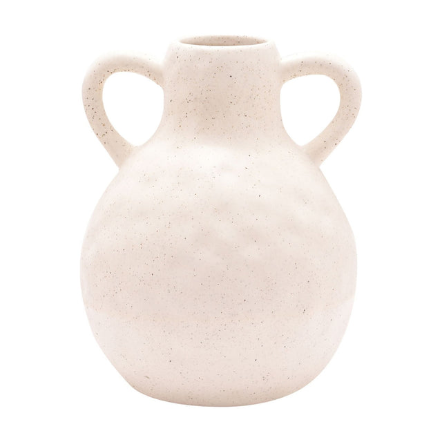 Round ceramic vase with a dimpled, bulbous body, narrow neck, and two curved handles, finished in speckled cream on a plain white background.