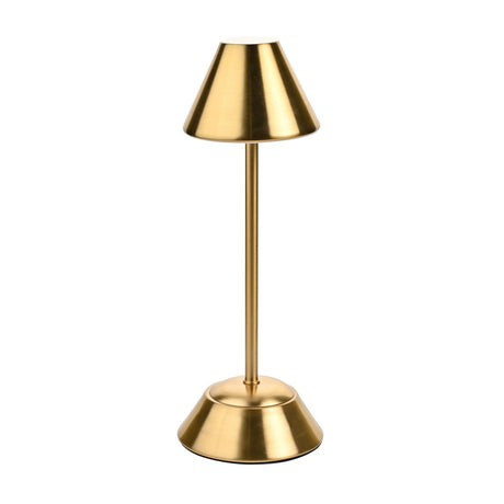 Slim touch table lamp in bronze finish with tapered cone shade, slender stem, and sloping round base, shown on a plain white background.
