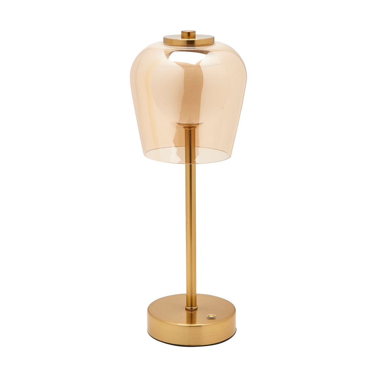 USB LED touch table lamp with bell-shaped amber glass shade, gold-plated slim stem and round base, 33cm, shown on a plain white background.