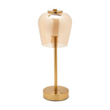 USB LED touch table lamp with bell-shaped amber glass shade, gold-plated slim stem and round base, 33cm, shown on a plain white background.