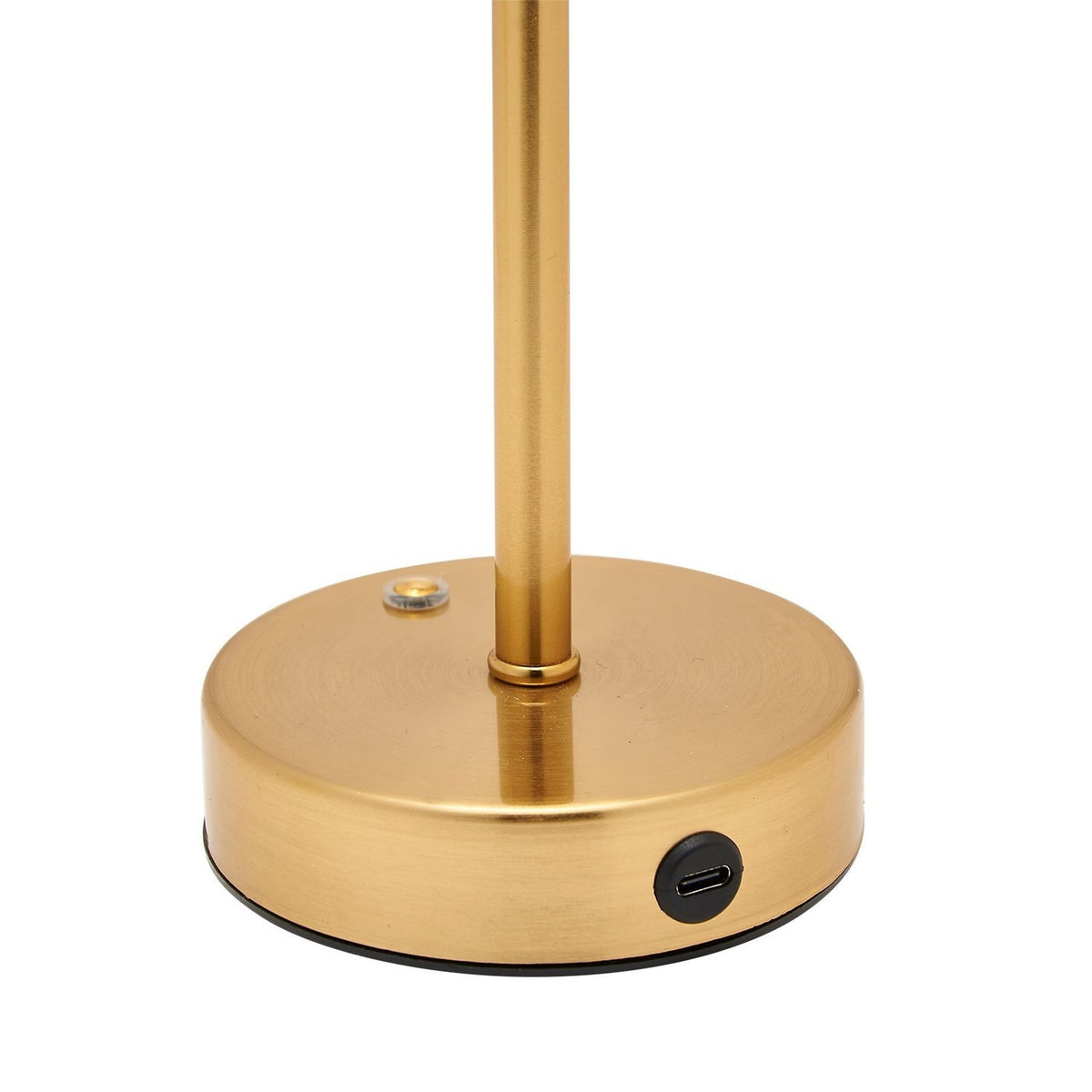Close-up of the gold-plated base and slim stem of the USB LED Touch Table Lamp, showing a touch control dot and a USB-C charging port, on a white background.