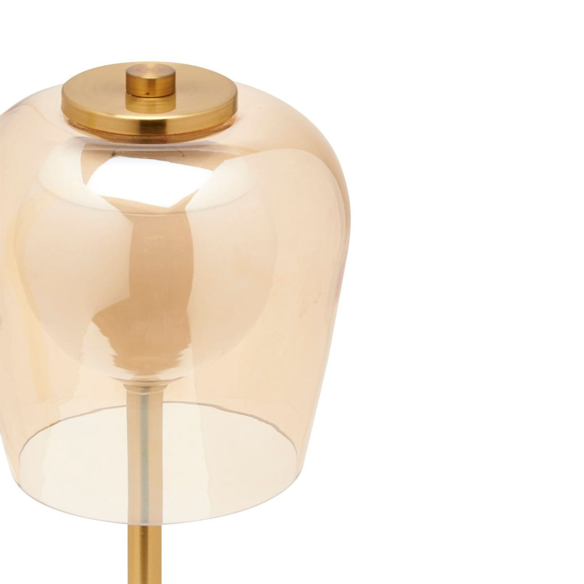 Close-up of the USB LED Touch Table Lamp's bell-shaped amber glass shade with gold cap and brushed gold stem, shown against a plain white background.
