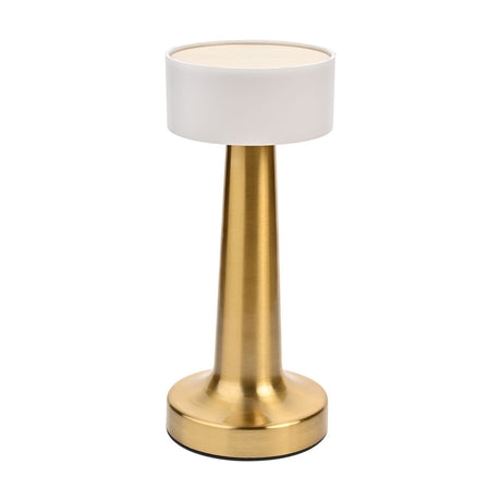 Tapered USB LED touch table lamp with a round base, slim brushed brass-tone stem, and short white drum shade, shown on a plain white background.