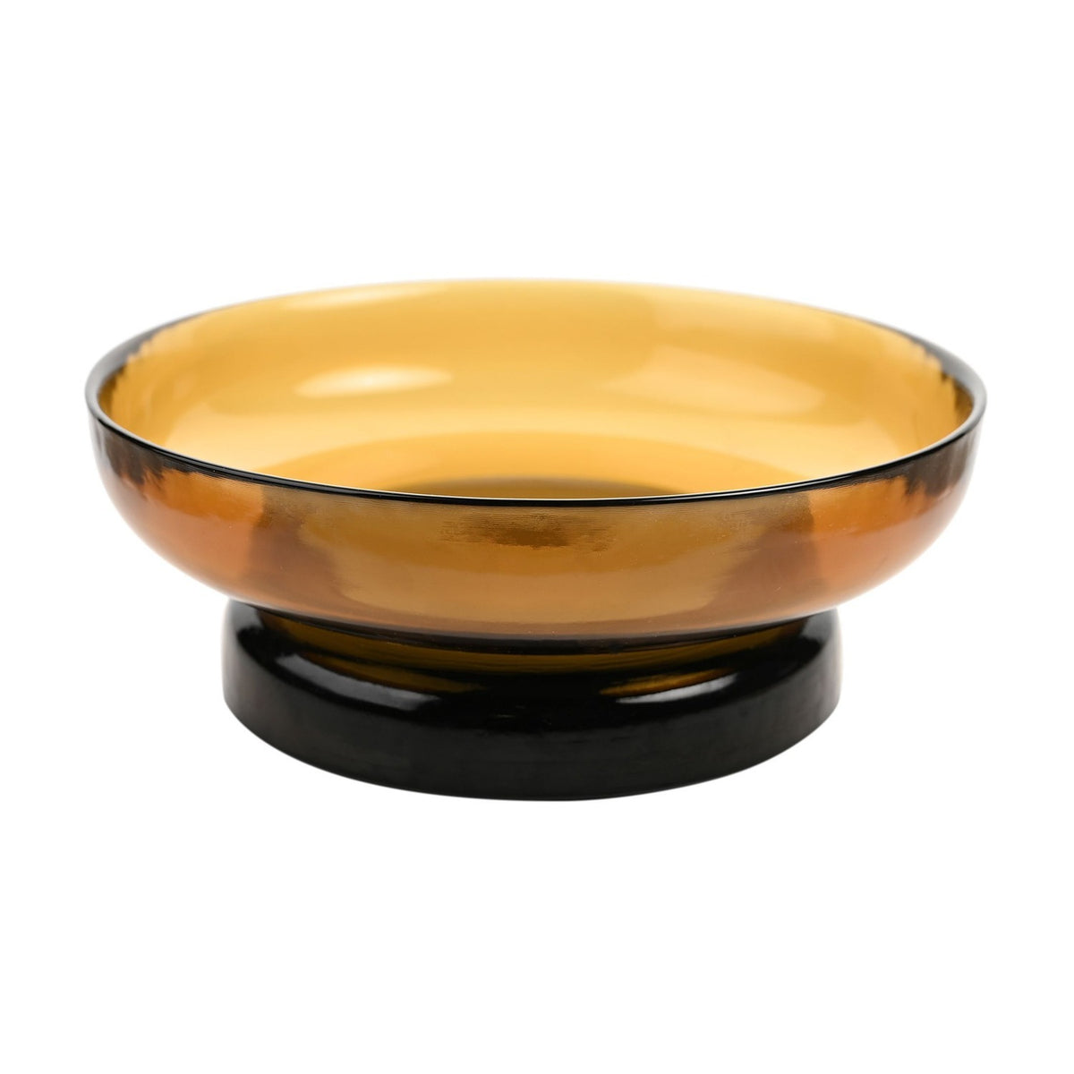 Small round raised glass bowl in shiny orange with a black foot base, shown on a plain white background.