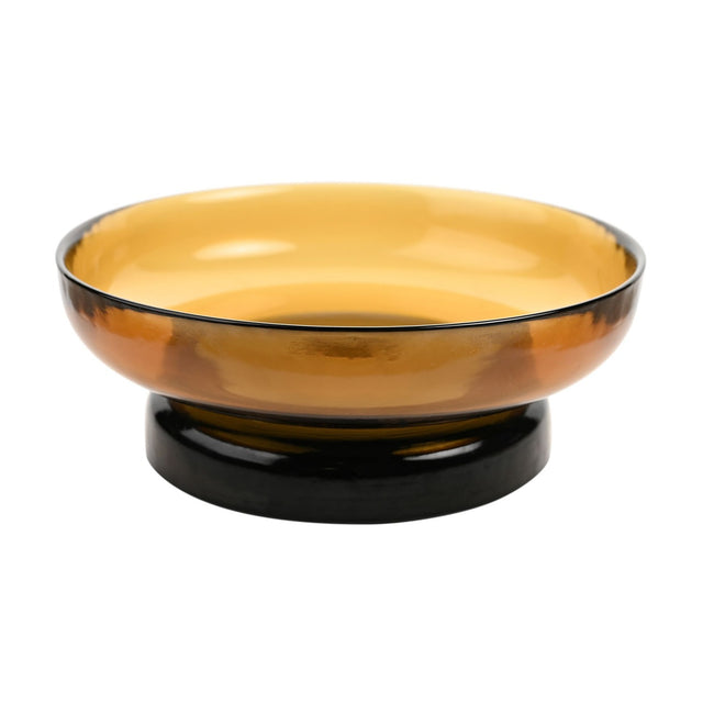 Small round raised glass bowl in shiny orange with a black foot base, shown on a plain white background.